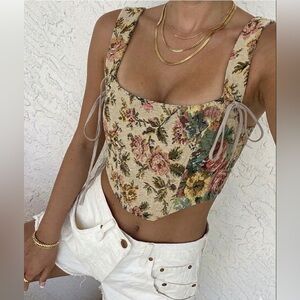 Shein M Floral Beige Pink Crop Top Suede Tie Lace Up